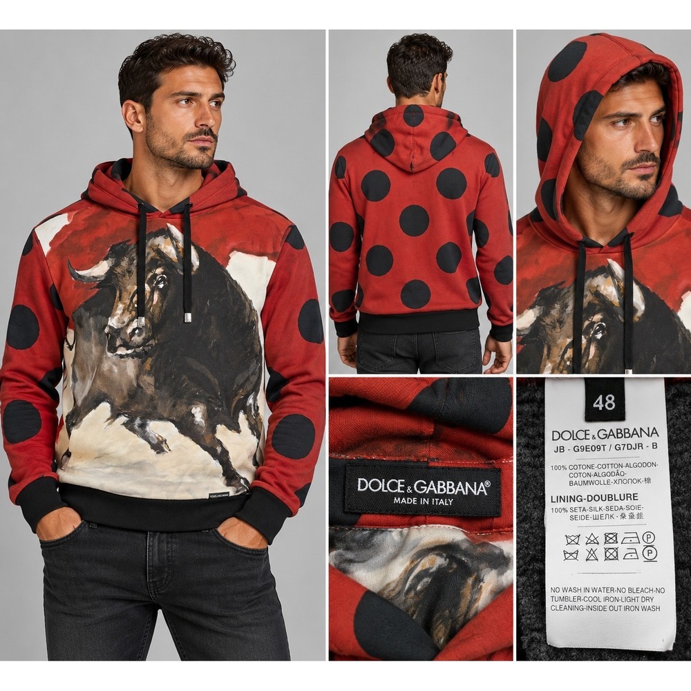 Dolce & Gabbana Bull Print Polka Dot Hoodie Jacket IT 48/US M Made in Italy